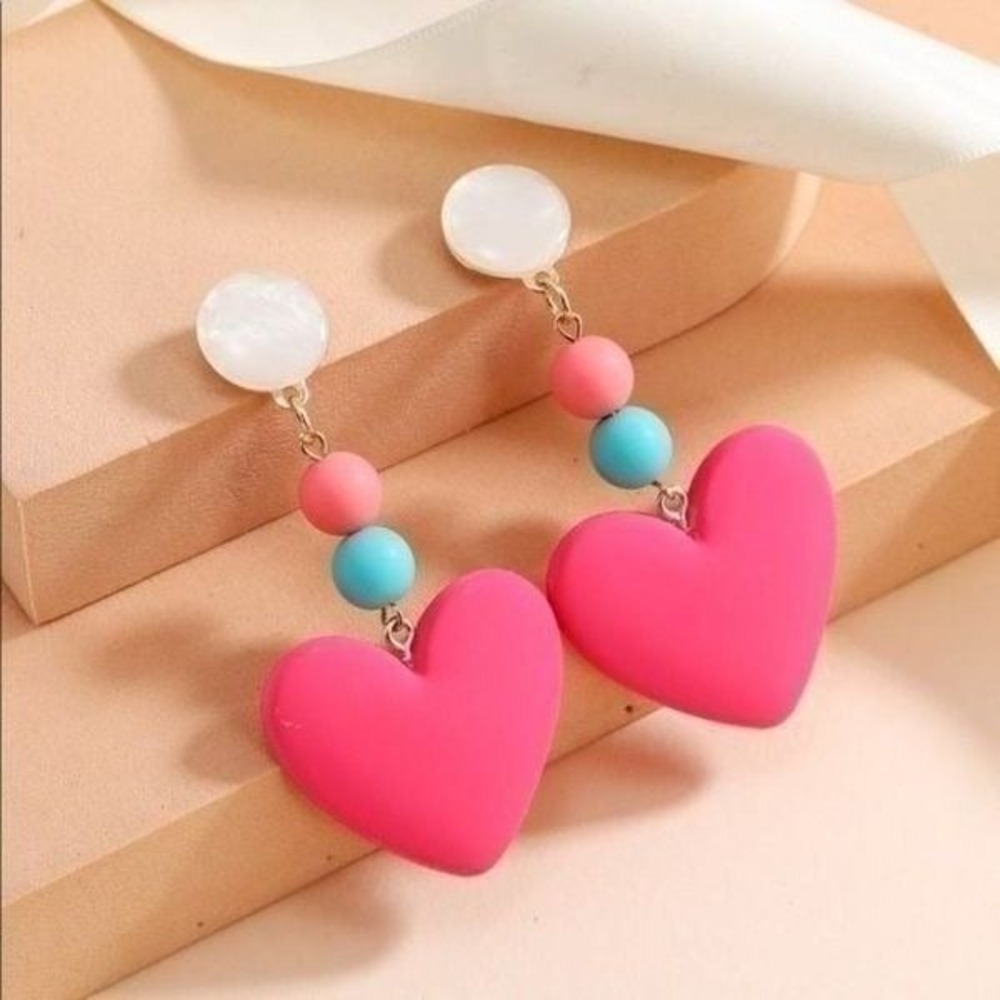 1 Heart Drop Earrings Pink Blue Beads Dangle Statement Earrings‎ Women